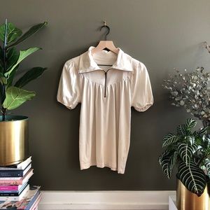 Balloon Short-Sleeve Blouse with Zipper Collar